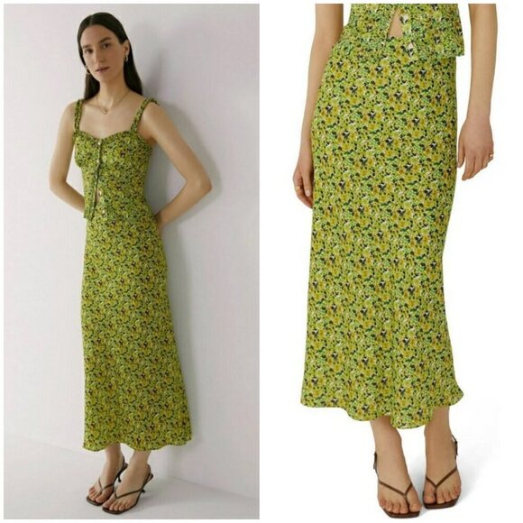 💕FAVORITE DAUGHTER💕 The Gwen Satin Midi Skirt ~ Green Floral Print XL NWOT - Picture 10 of 16
